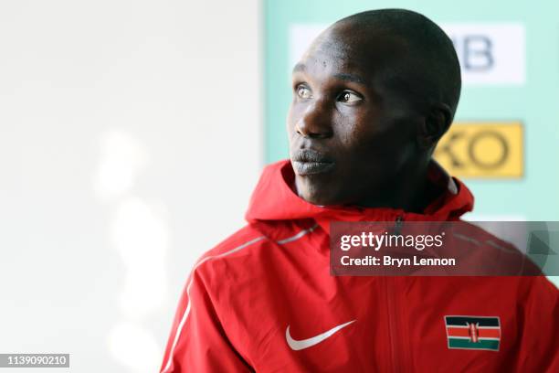Geoffrey Kipsang Kamworor of Kenya attends a press conference ahead of the IAAF World Cross Country Championships on March 29, 2019 in Aarhus,...