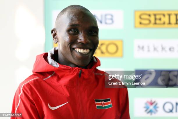 Geoffrey Kipsang Kamworor of Kenya attends a press conference ahead of the IAAF World Cross Country Championships on March 29, 2019 in Aarhus,...