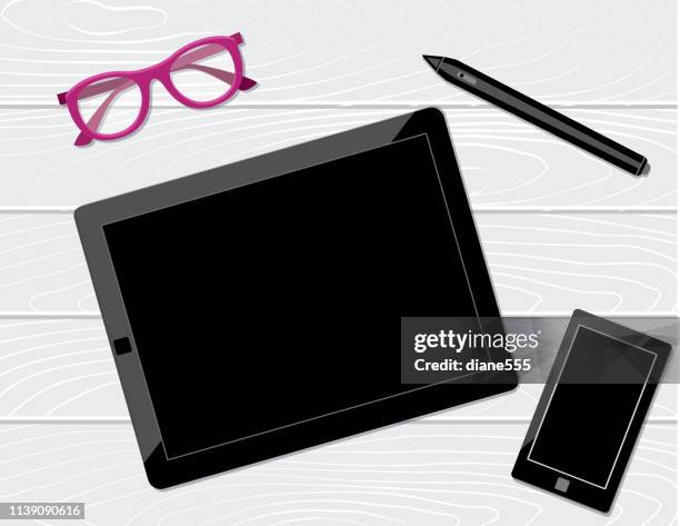 overhead desk mockup with tablet, stylus and glasses - open diary stock illustrations