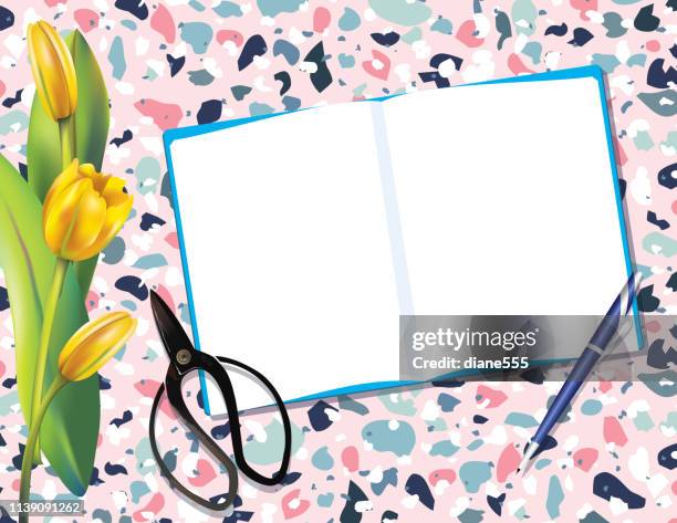 overhead desk mockup with tulips, notepad and scissors - terrazzo pattern stock illustrations