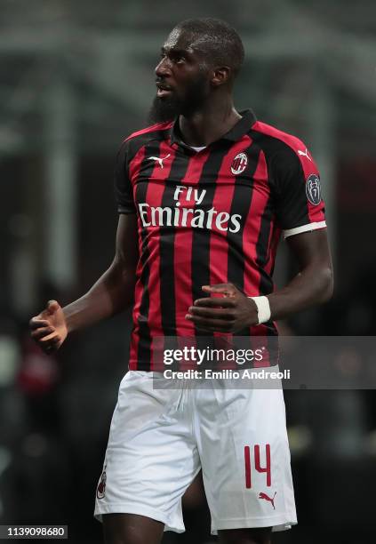 Tiemoue Bakayoko of AC Milan looks on during the TIM Cup match between AC Milan and SS Lazio at Stadio Giuseppe Meazza on April 24, 2019 in Milan,...