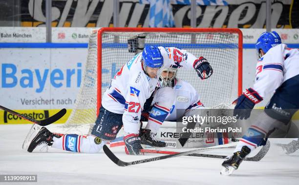 Brendan Mikkelson of the Adler Mannheim during the German ice hockey league finals match between EHC Red Bull Munich and Adler Mannheim...