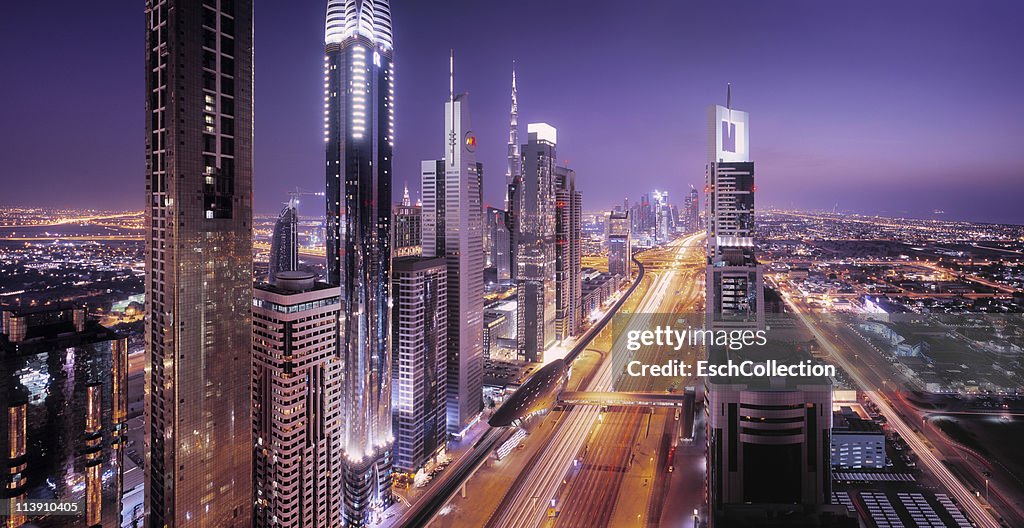 Dubai skyline with Sheikh Zayed Road at dusk