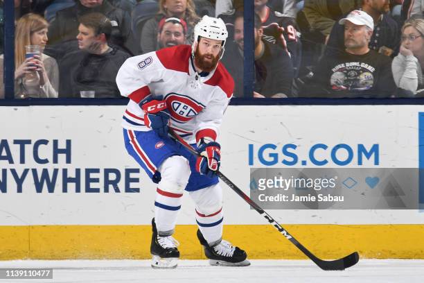 Jordie Benn of the Montreal Canadiens skates against the Columbus Blue Jackets on March 28, 2019 at Nationwide Arena in Columbus, Ohio.