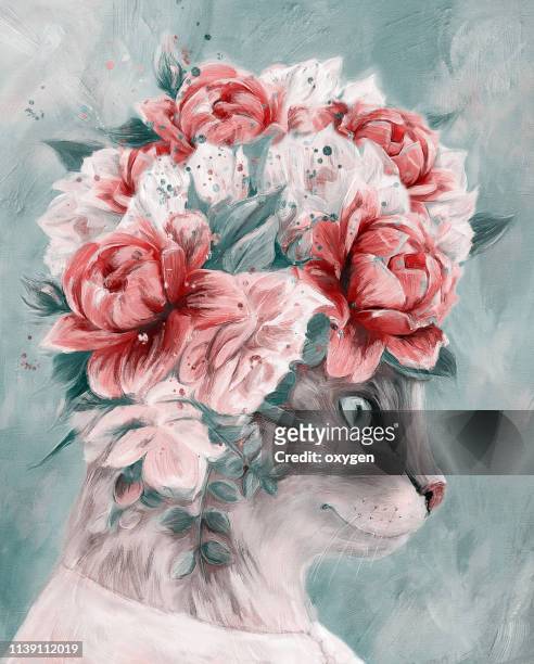 cat woman portrait with bouquet flowers. digital illustration imitating oil painting on canvas - pintura a óleo imagens e fotografias de stock
