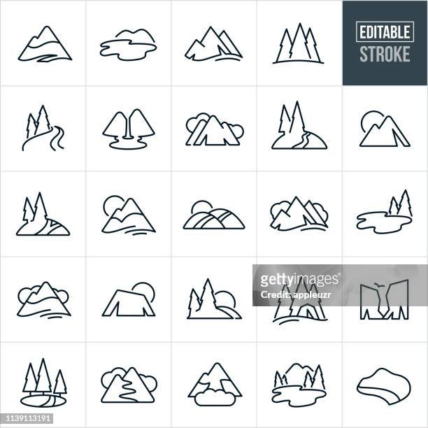 illustrazioni stock, clip art, cartoni animati e icone di tendenza di icone della linea sottile di montagne e alberi - tratto modificabile - montagna