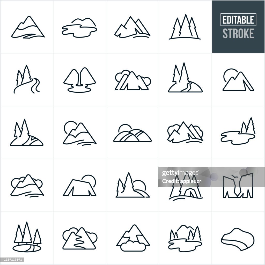 Ícones finos da linha das montanhas e das árvores-curso editable