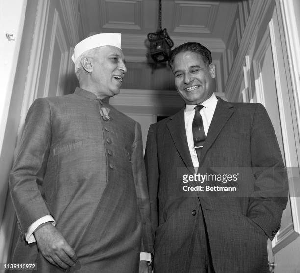 Prime Minister Nehru and U.S. Representative Dalip Saund met in Riverside, California, at the Vice President's luncheon for the Prime Minister....