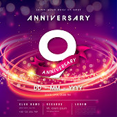 9 years anniversary logo template on purple Abstract futuristic space background. 9th modern technology design celebrating numbers with Hi-tech network digital technology concept design elements.