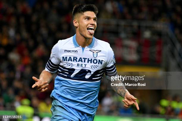 Joaquin Correa of SS Lazio celebrates the opening goal with his team mates during the TIM Cup match between AC Milan and SS Lazio at Stadio Giuseppe...