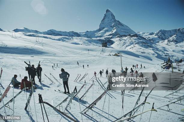 Skiers in Zermatt, Switzerland, March 1968.