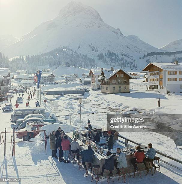 The Ice Bar at the Hotel Krone in Lech, Austria, 1960. The mountain in the background is the Omershorn.