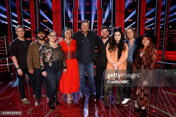 Live Cross Battles Results" Episode 1612B -- Pictured: Gyth Rigdon, Andrew Sevener, Kim Cherry, Oliv Blu, Blake Shelton, Dexter Roberts, Kendra...