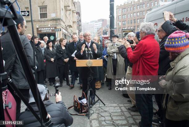 March 30, 2018]: New York City Comptroller Scott Stringer speaks during the Bella Abzug street naming cermony at the corner of Bond Street and...