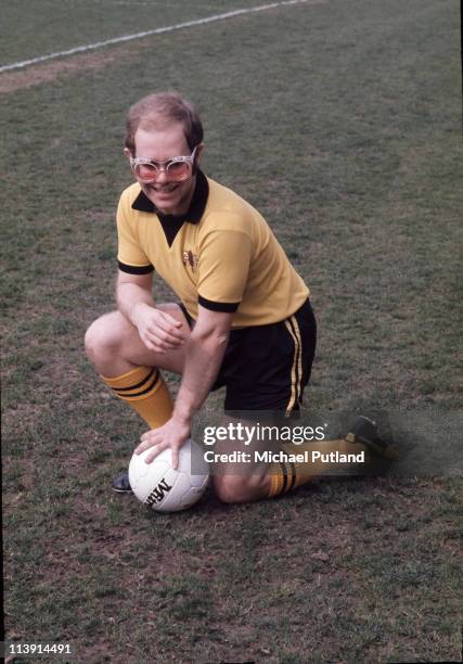 English singer-songwriter and vice-president of Watford FC, Elton John at Vicarage Road football ground, Watford, November 1973.