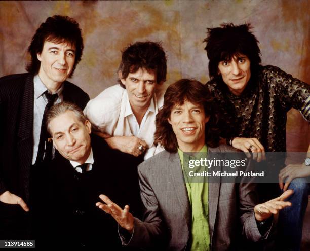 The Rolling Stones in London, 1986. Left to right: bassist Bill Wyman, drummer Charlie Watts, guitarist Keith Richards, singer Mick Jagger and...