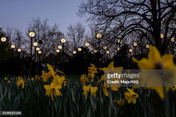 The "Zeitfeld" clock installation by Klaus Rinke is seen at the entrance of the Suedpark, on March 29, in Dusseldorf Germany. On Sunday, March 31,...
