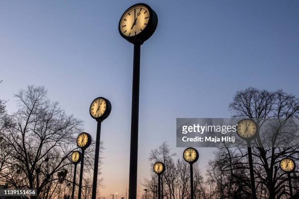 The "Zeitfeld" clock installation by Klaus Rinke is seen at the entrance of the Suedpark, on March 29, in Dusseldorf Germany. On Sunday, March 31,...