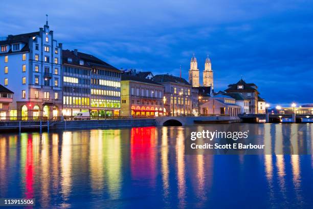 river limmat ,grossmunster church. old town zurich - zurich switzerland stock pictures, royalty-free photos & images