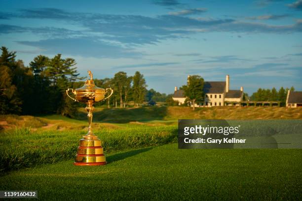 View of the Ryder Cup Trophy at Whistling Straits Golf Course on October 15, 2018 in Sheboygan, Wisconsin.