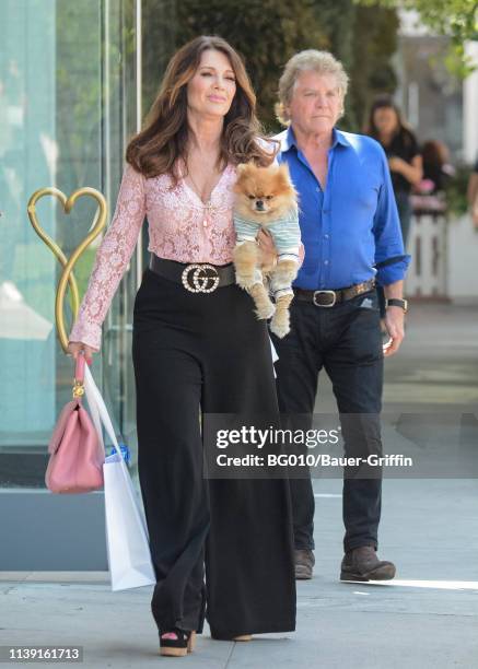 Lisa Vanderpump, Ken Todd and their dog Puffy are seen on April 24, 2019 in Los Angeles, California.