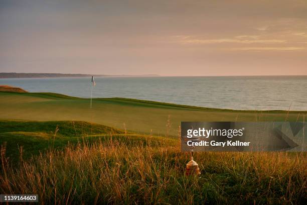 View of the Ryder Cup trophy from 17th hole of Whistling Straits Golf Course on October 15, 2018 in Sheboygan, Wisconsin.