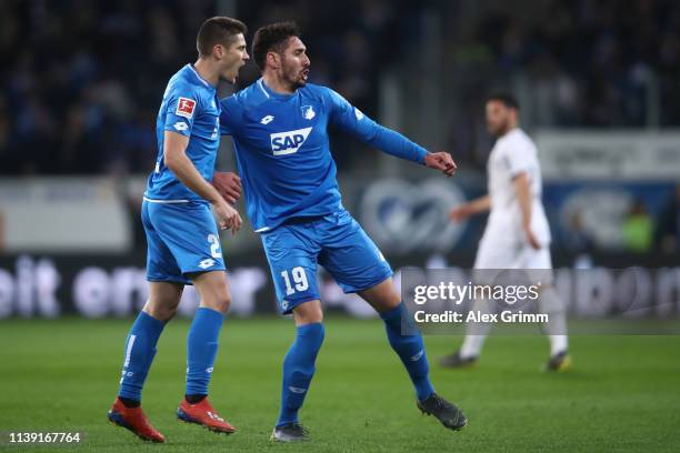 Jonathan Tah of Leverkusen shoots during the Bundesliga match between TSG 1899 Hoffenheim and Bayer 04 Leverkusen at PreZero-Arena on March 29, 2019...