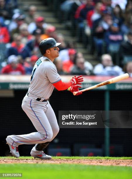 Martin Prado of the Miami Marlins hits a home run in the eighth inning during the game against the Cleveland Indians at Progressive Field on...