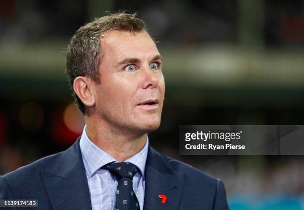 Former AFL player Wayne Carey looks on during the round two AFL match between the Sydney Swans and the Adelaide Crows at Sydney Cricket Ground on...