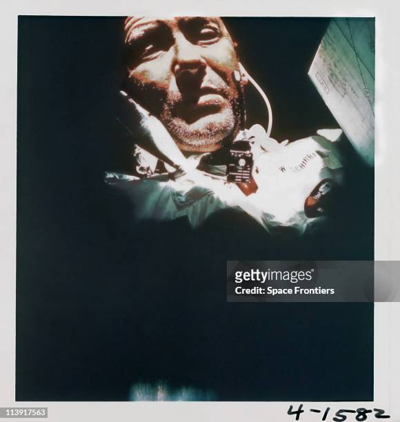 The Commander of the Apollo 7 mission Walter Schirra in space, October 1968.