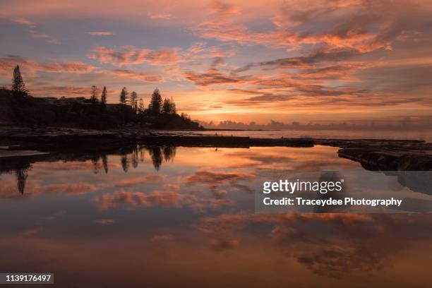 sunrise with a reflection of the coastline in queensland - caloundra stock pictures, royalty-free photos & images