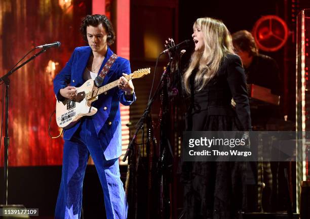 Harry Styles and inductee Stevie Nicks perform at the 2019 Rock & Roll Hall Of Fame Induction Ceremony - Show at Barclays Center on March 29, 2019 in...