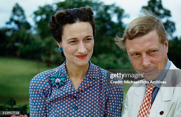 Wallis, Duchess of Windsor and the Duke of Windsor outside Goverment House in Nassau, the Bahamas, circa 1942. The Duke of Windsor served as Governor...