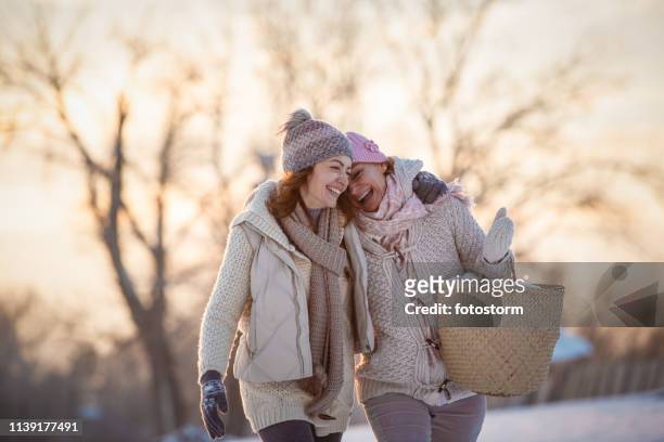 vrouwelijke vrienden plezier buitenshuis - mature woman winter stockfoto's en -beelden