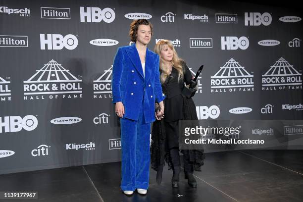 Harry Styles and inductee Stevie Nicks pose at the 2019 Rock & Roll Hall Of Fame Induction Ceremony - Press Room at Barclays Center on March 29, 2019...