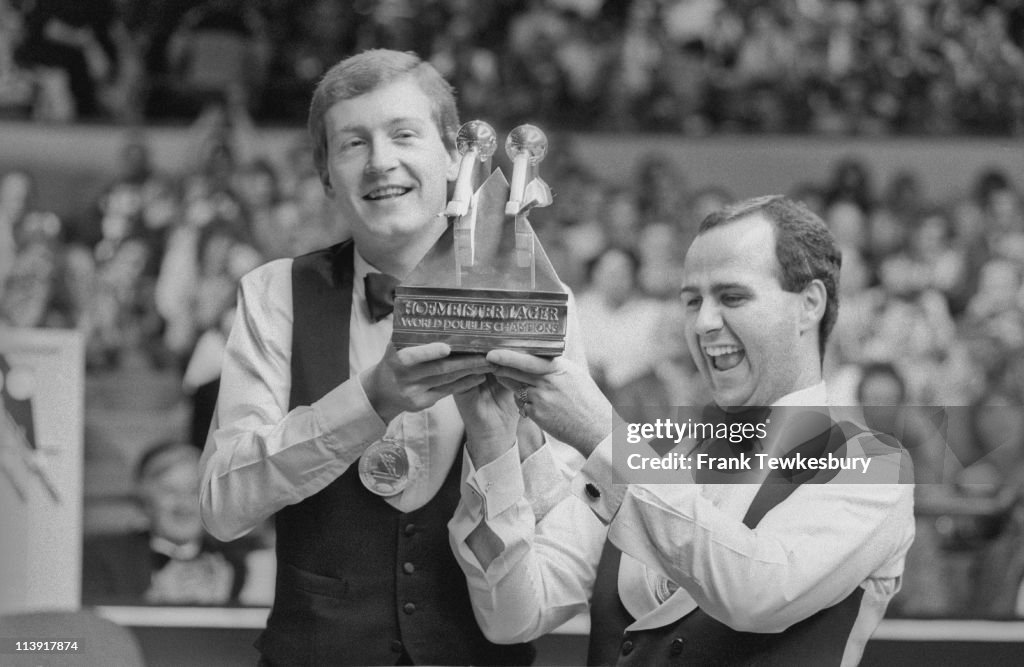 Double Winner Steve Davis and Tony Meo with the trophy after winning the snooker ...