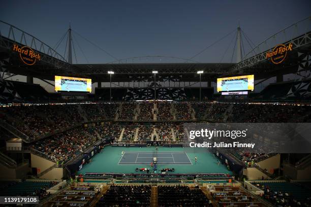 General view of Roger Federer of Switzerland against Denis Shapovalov of Canada during day twelve of the Miami Open tennis on March 29, 2019 in Miami...