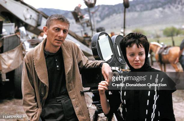 Actress Carolyn Jones and producer Aaron Spelling on the set of Zane Grey Theater on January 25, 1957 in Los Angeles, California.