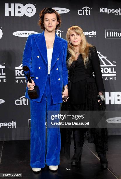 Harry Styles and inductee Stevie Nicks attend the 2019 Rock & Roll Hall Of Fame Induction Ceremony - Press Room at Barclays Center on March 29, 2019...