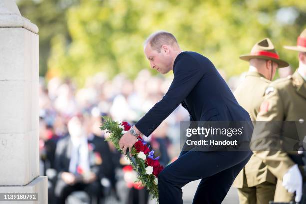 In this handout image provided by the New Zealand Government, Prince William, Duke of Cambridge lays a wreath as he attends the Auckland War Memorial...