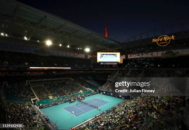 General view of Roger Federer of Switzerland against Denis Shapovalov of Canada during day twelve of the Miami Open tennis on March 29, 2019 in Miami...