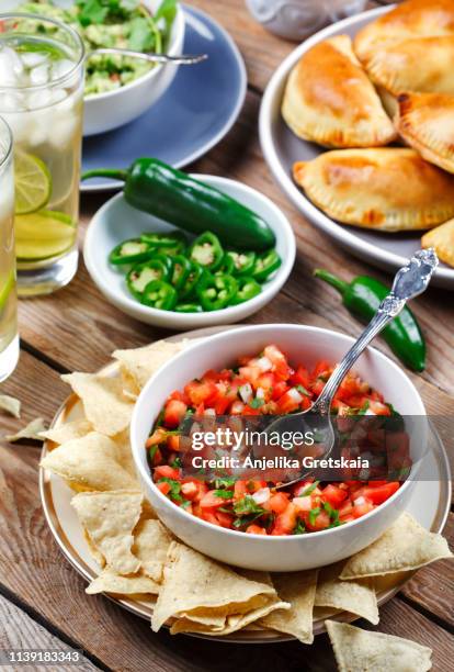 tomato salsa with corn tortilla chips - tomatensalsa stockfoto's en -beelden