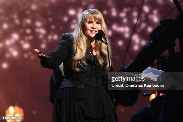 Inductee Stevie Nicks speaks onstage at the 2019 Rock & Roll Hall Of Fame Induction Ceremony - Show at Barclays Center on March 29, 2019 in New York...