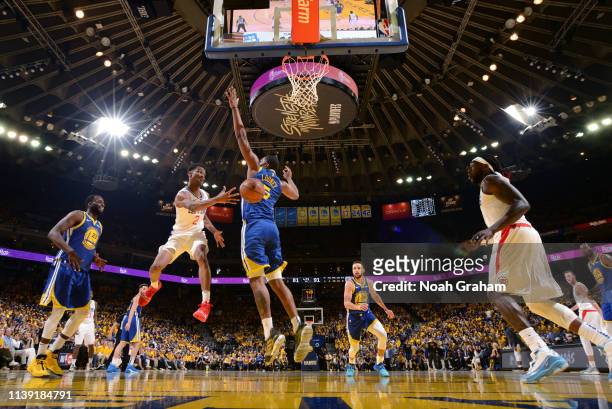 Shai Gilgeous-Alexander of the LA Clippers passes the ball against the Golden State Warriors during Game Five of Round One of the 2019 NBA Playoffs...