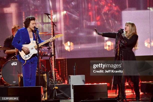 Harry Styles and inductee Stevie Nicks perform at the 2019 Rock & Roll Hall Of Fame Induction Ceremony - Show at Barclays Center on March 29, 2019 in...