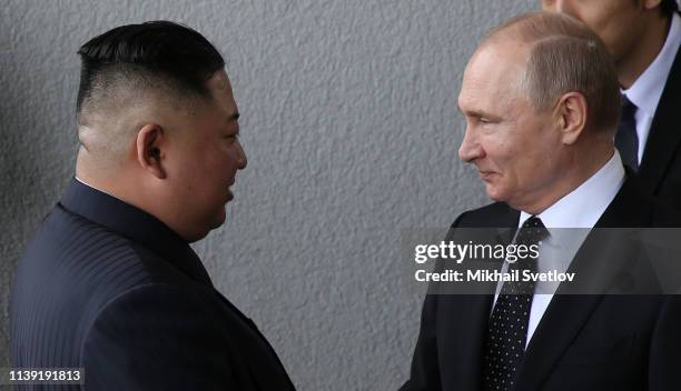 Russian President Vladimir Putin meets North Korean Leader Kim Jong-un on April 25, 2019 in Vladivostok, Russia. Russian President Putin and North...