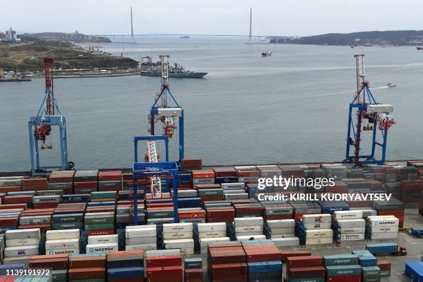 View of shipping containers at the port of the far-eastern Russian city of Vladivostok on April 25, 2019.