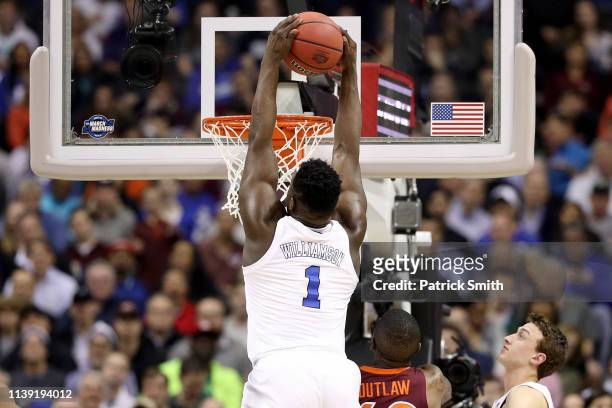 Zion Williamson of the Duke Blue Devils dunks the ball against the Virginia Tech Hokies during the first half in the East Regional game of the 2019...