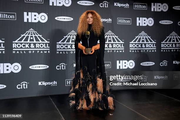 Inductee Janet Jackson poses in the press room at the 2019 Rock & Roll Hall Of Fame Induction Ceremony - Press Room at Barclays Center on March 29,...