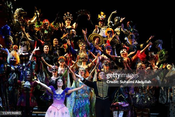 Cast members for The Phantom Of The Opera perform on stage during a media preview at the Sands Theatre at Marina Bay Sands on April 25, 2019 in...